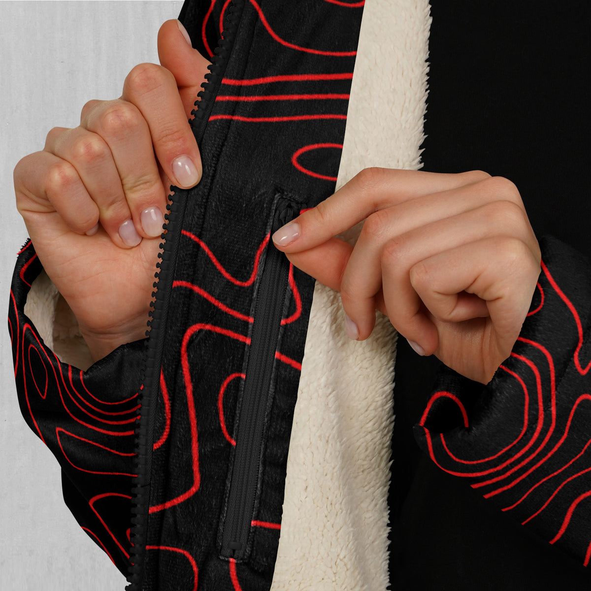 Red Topographic Zip Up Cloak (White Fur)