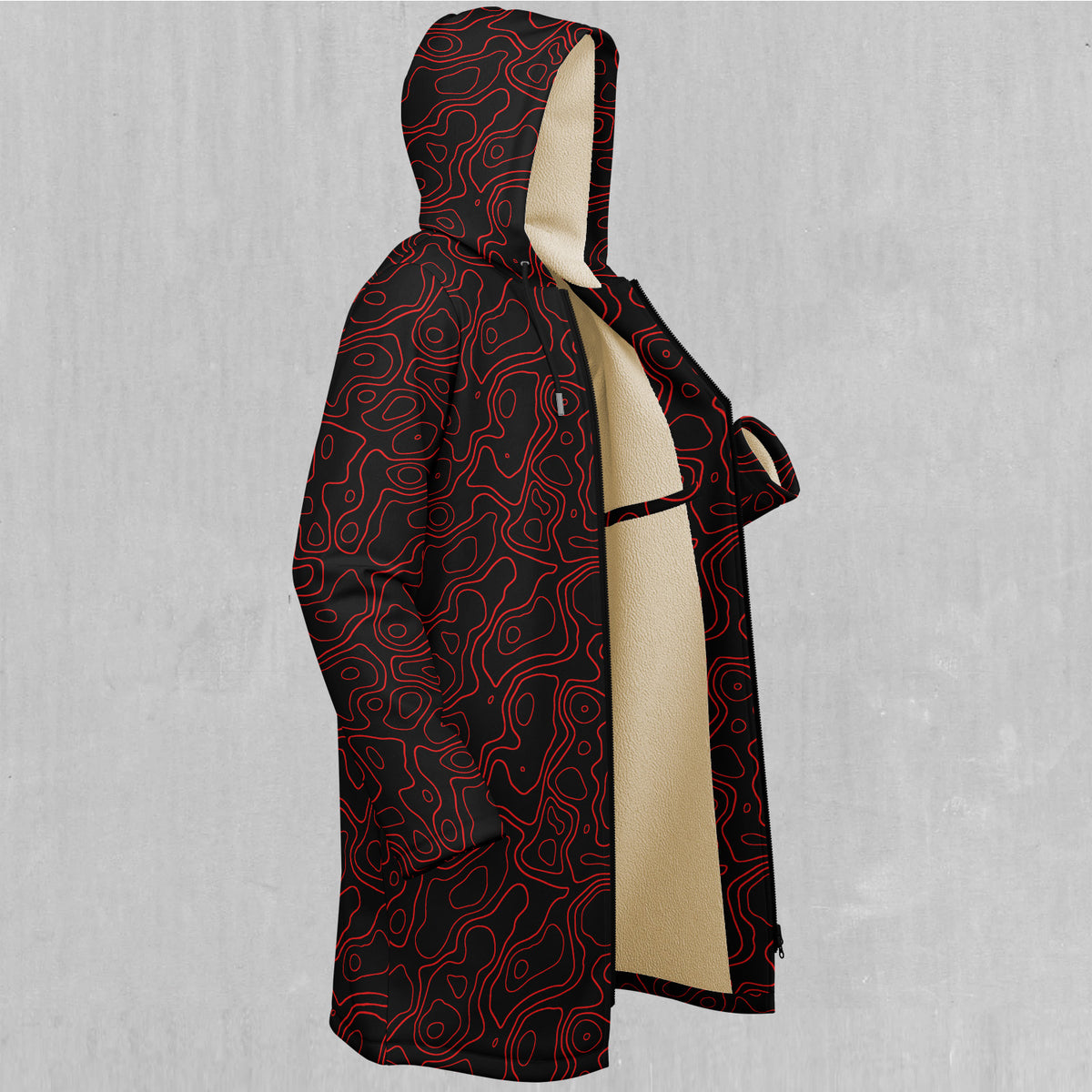 Red Topographic Zip Up Cloak (White Fur)