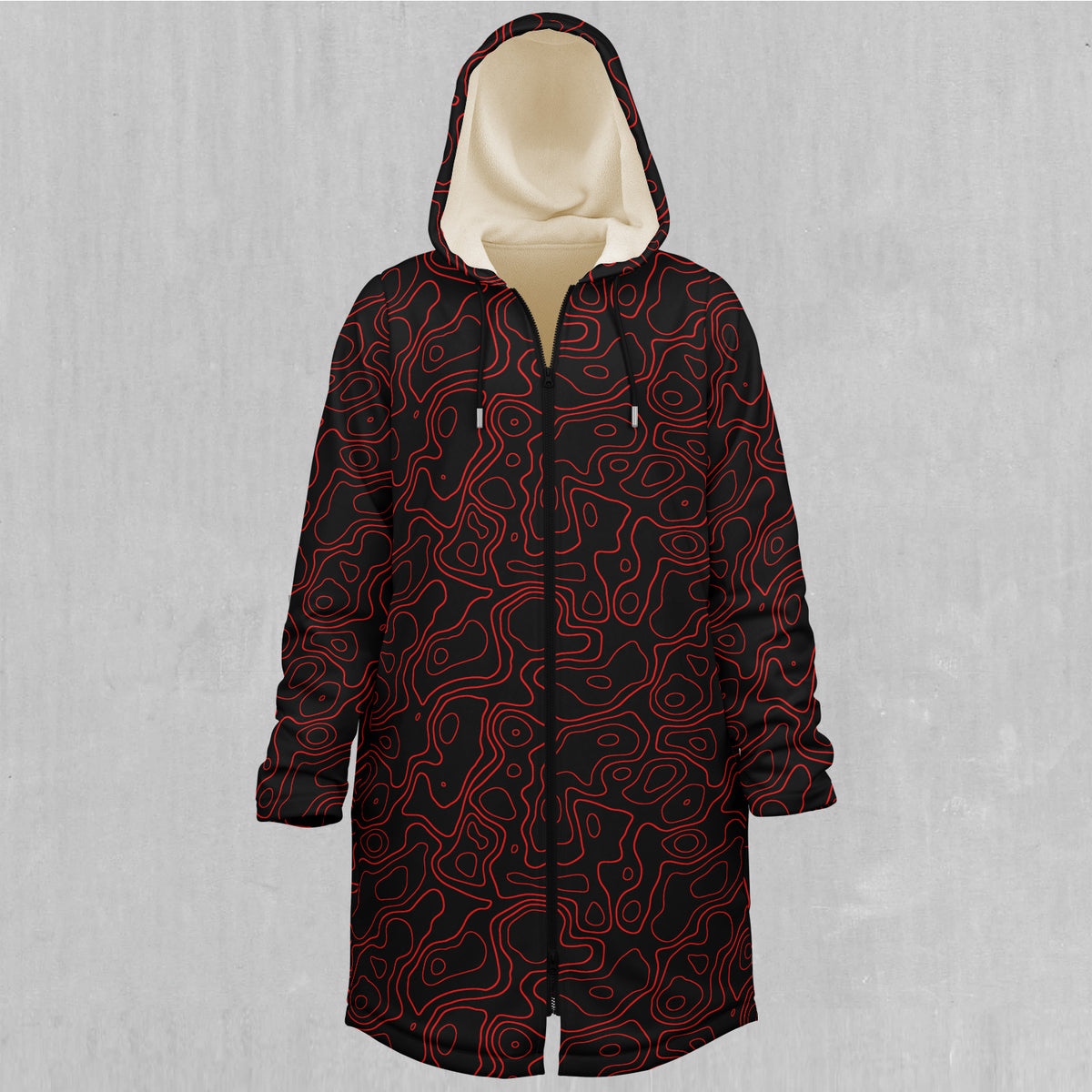Red Topographic Zip Up Cloak (White Fur)