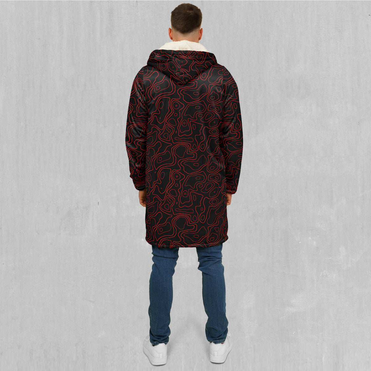 Red Topographic Zip Up Cloak (White Fur)