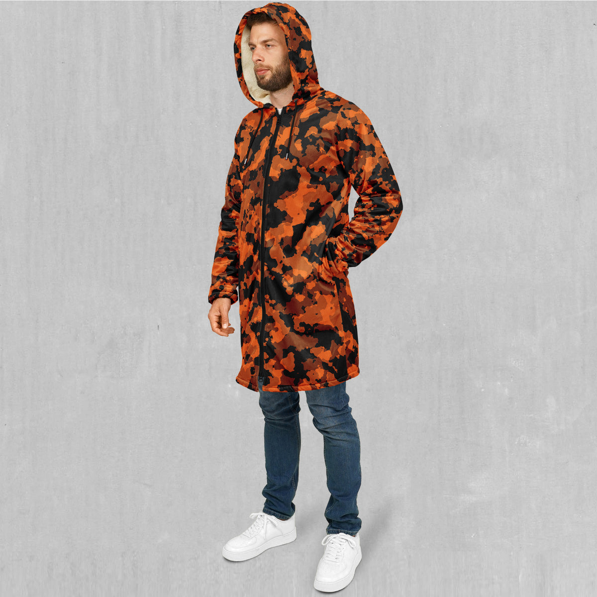 Savage Orange Camo Zip Up Cloak (White Fur)