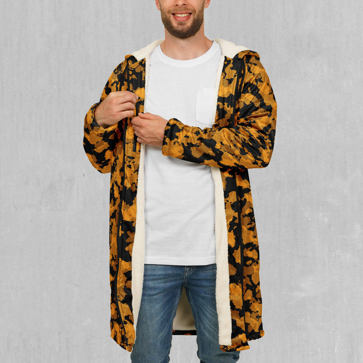 Stinger Yellow Camo Zip Up Cloak (White Fur)