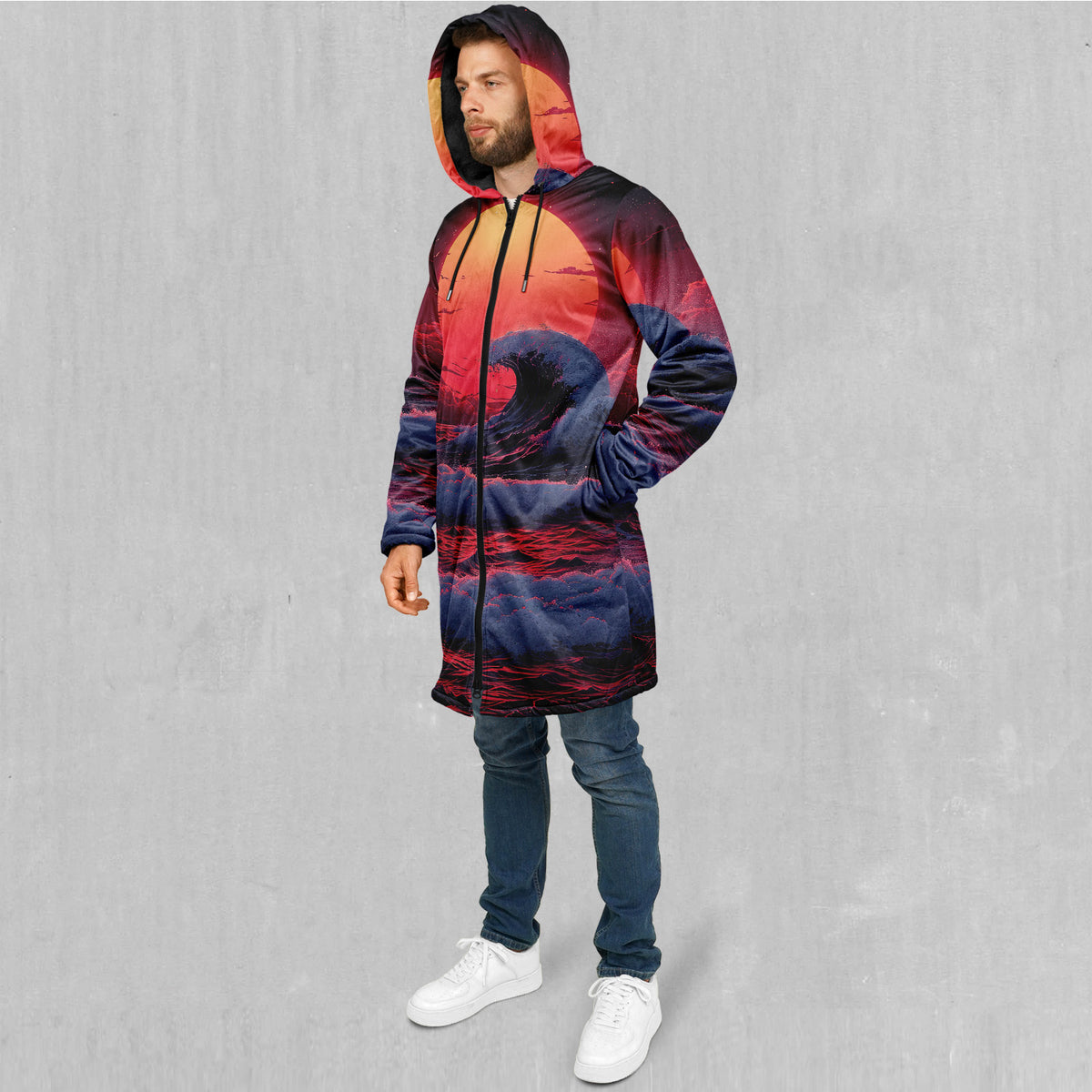 The Synthwave off Kanagawa Zip Up Cloak (Black Fur)