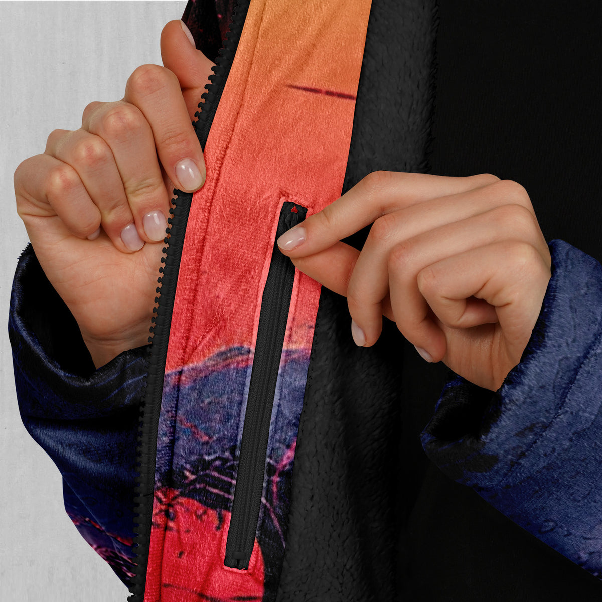 The Synthwave off Kanagawa Zip Up Cloak (Black Fur)