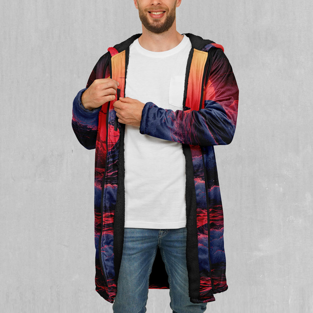 The Synthwave off Kanagawa Zip Up Cloak (Black Fur)
