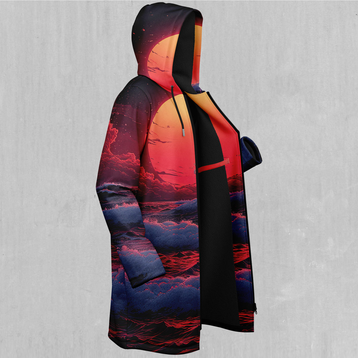 The Synthwave off Kanagawa Zip Up Cloak (Black Fur)