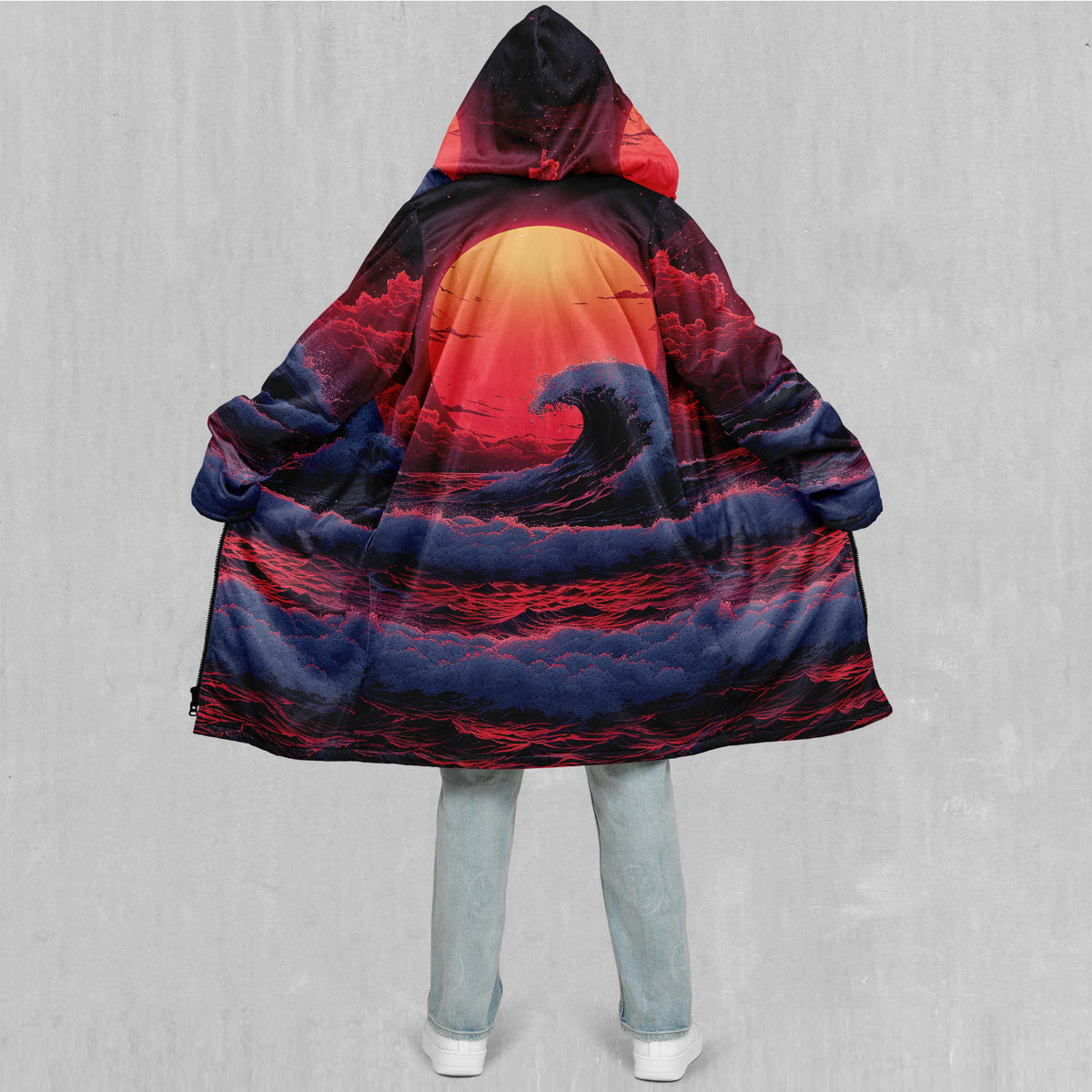 The Synthwave off Kanagawa Zip Up Cloak (Black Fur)