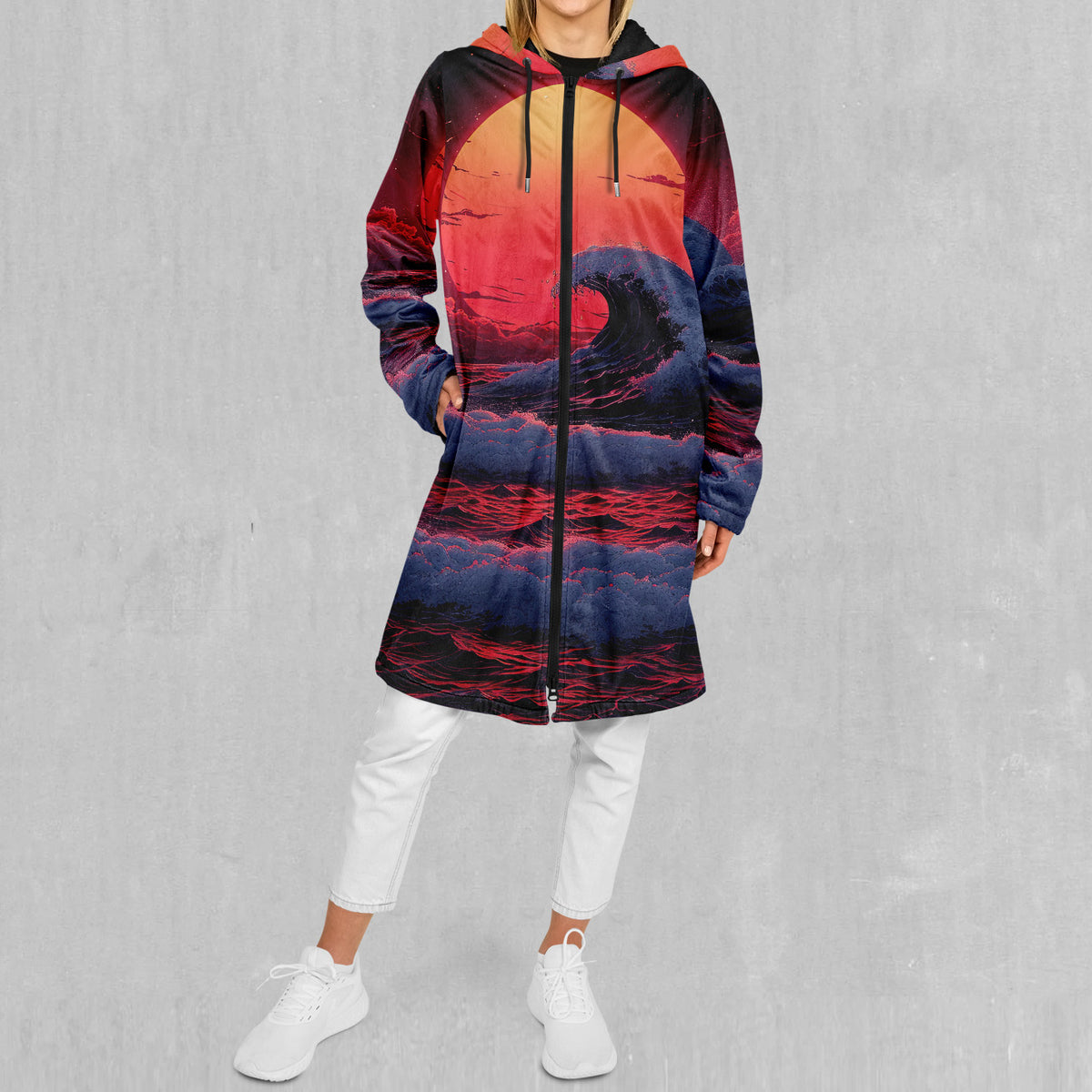 The Synthwave off Kanagawa Zip Up Cloak (Black Fur)