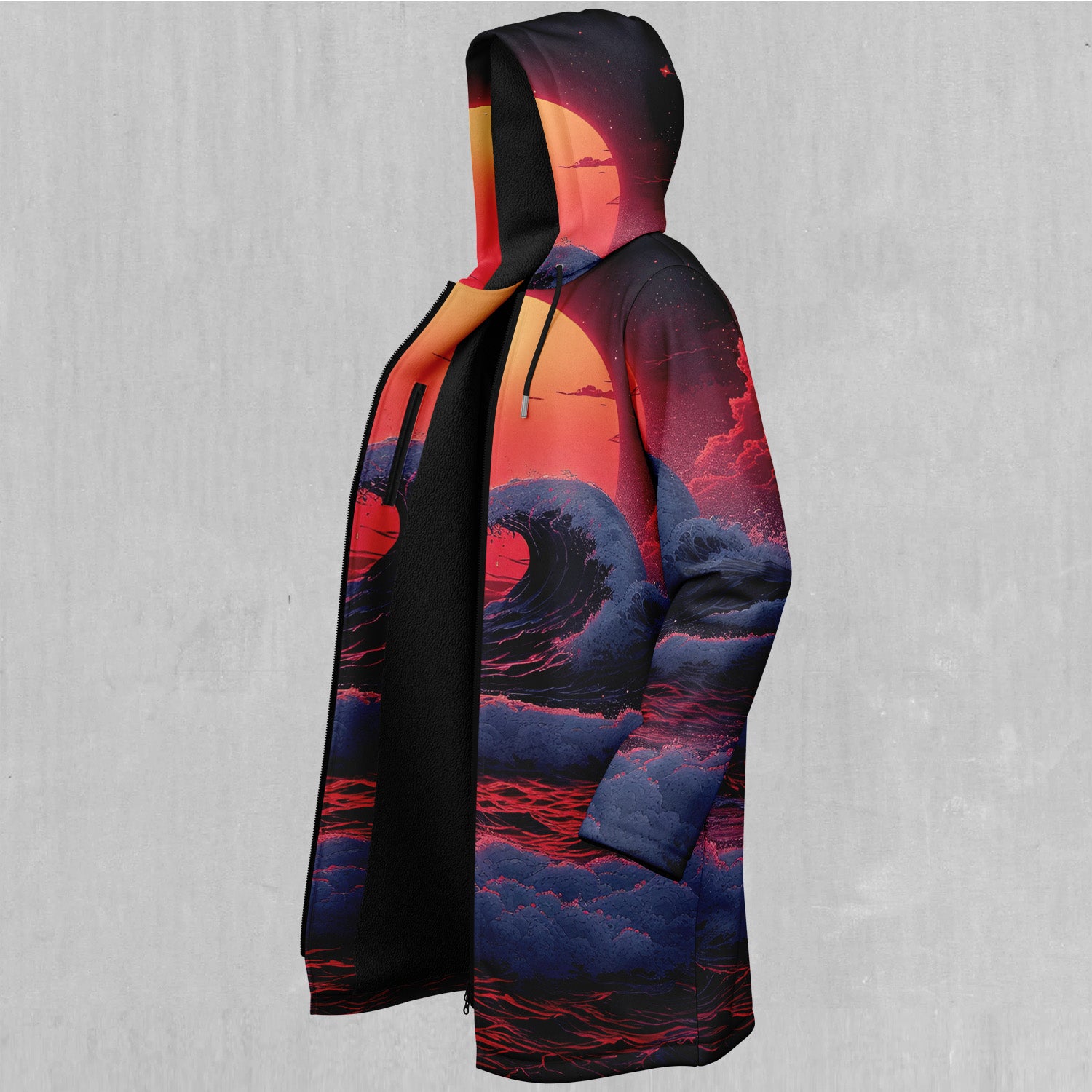 The Synthwave off Kanagawa Zip Up Cloak (Black Fur)