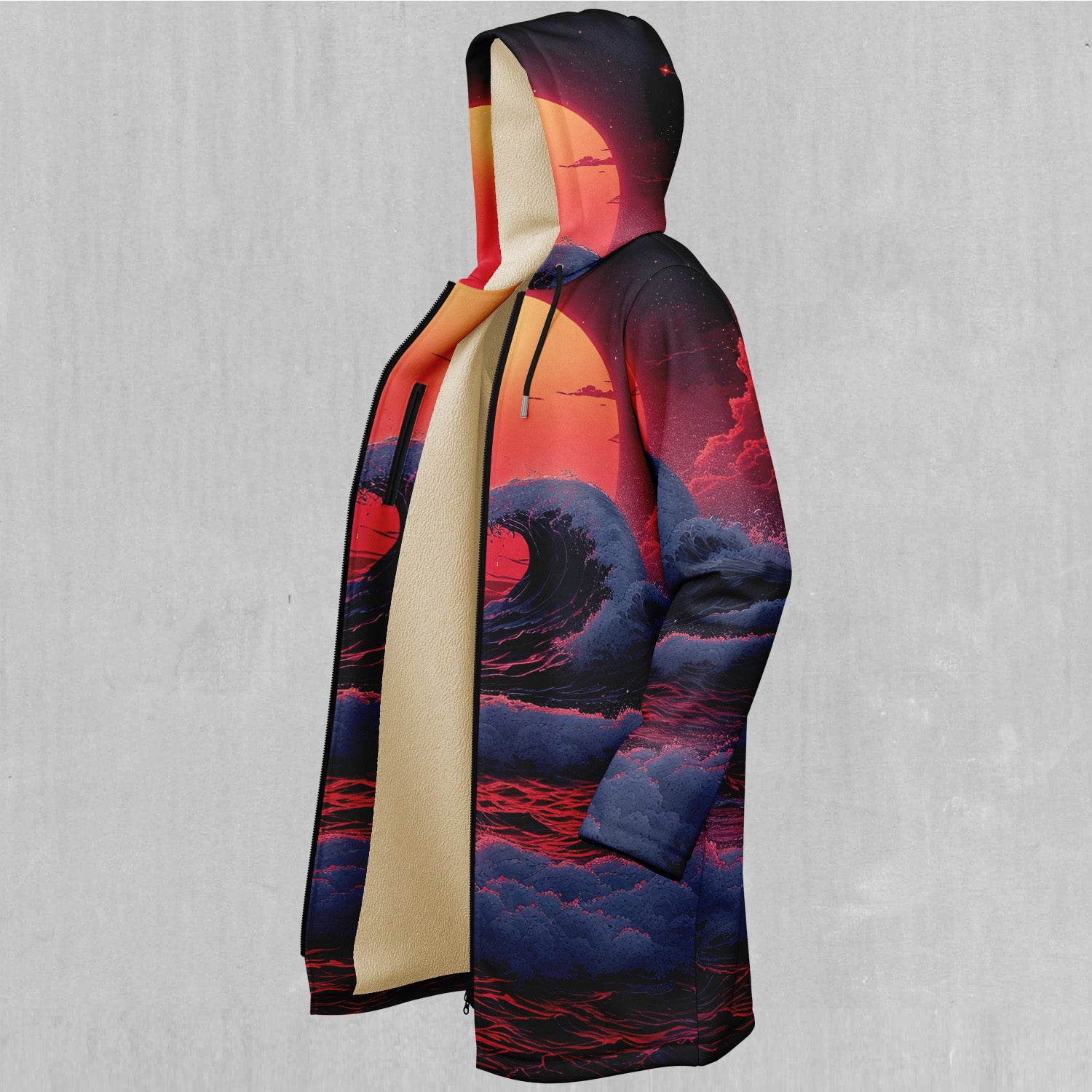 The Synthwave off Kanagawa Zip Up Cloak (White Fur)