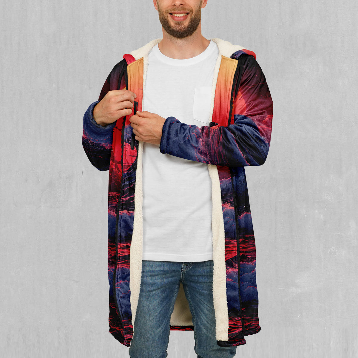 The Synthwave off Kanagawa Zip Up Cloak (White Fur)
