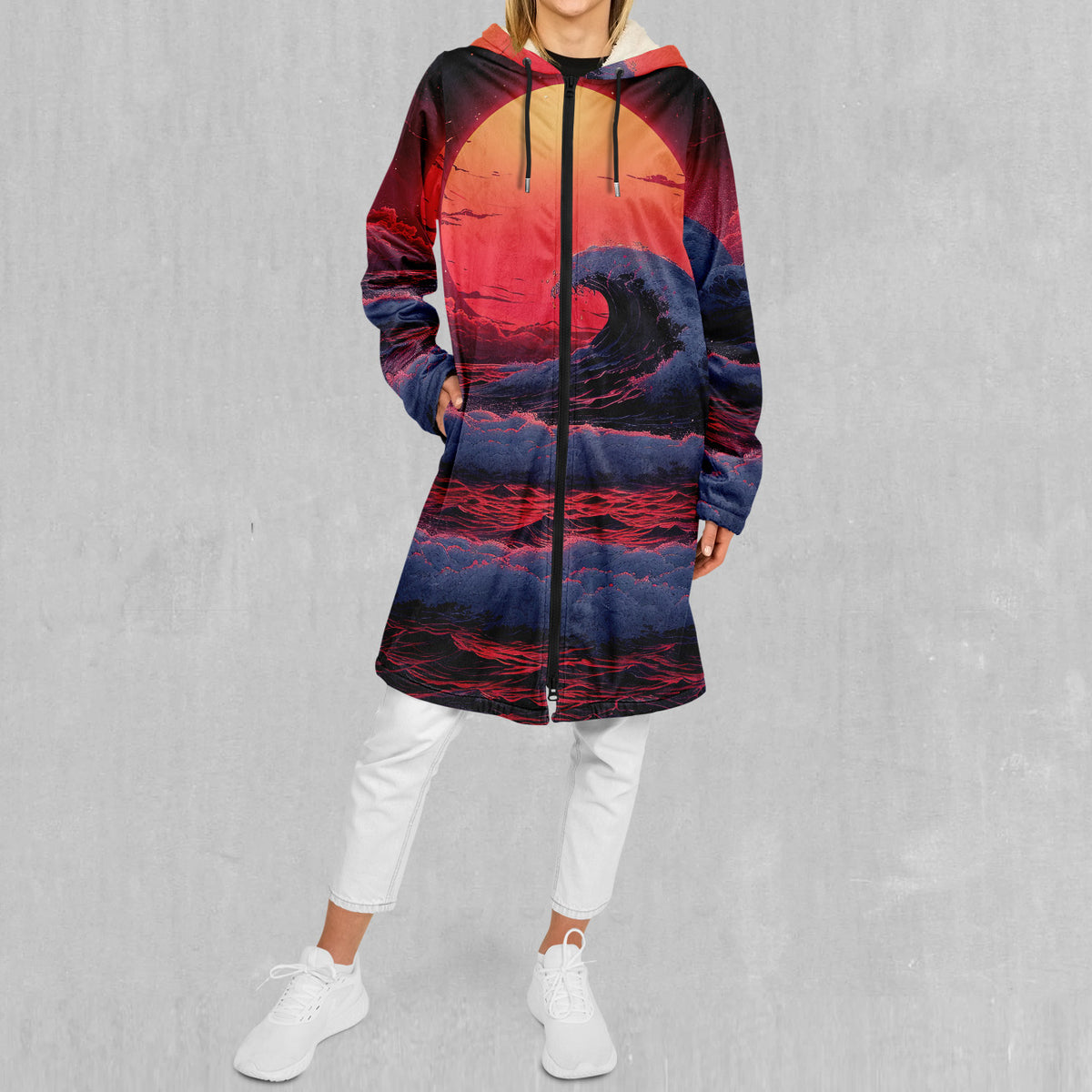 The Synthwave off Kanagawa Zip Up Cloak (White Fur)