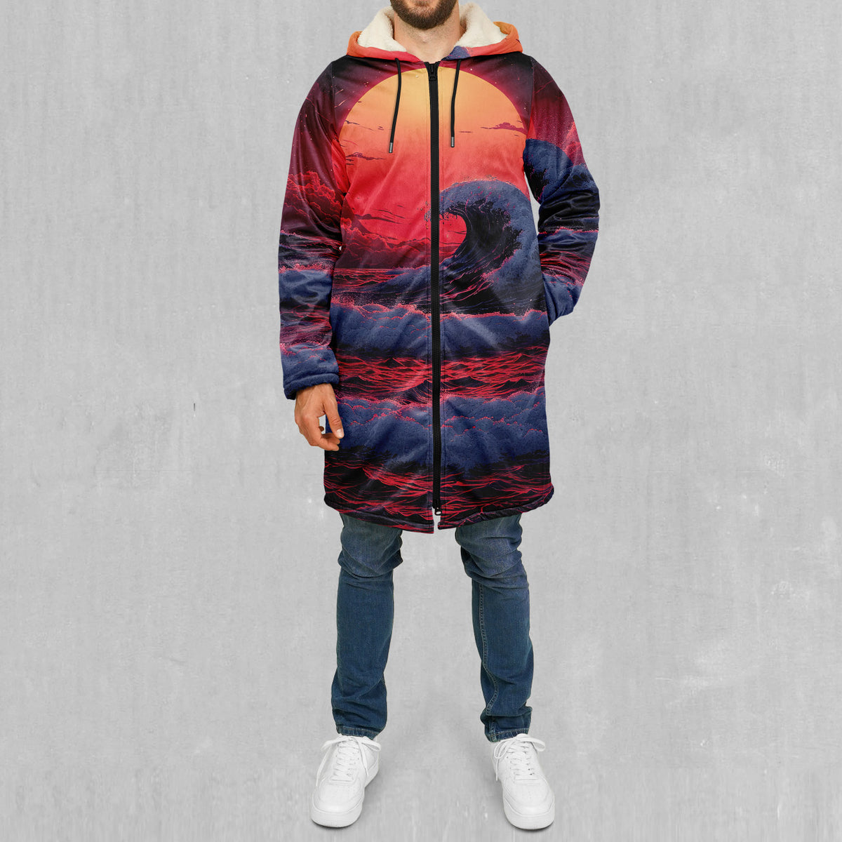 The Synthwave off Kanagawa Zip Up Cloak (White Fur)