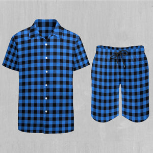 Blue Checkered Plaid Men's Beach Set