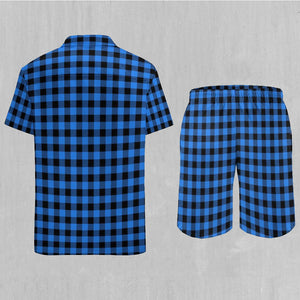 Blue Checkered Plaid Men's Beach Set