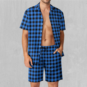 Blue Checkered Plaid Men's Beach Set