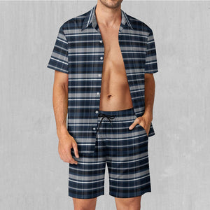 Dark Blue Plaid Men's Beach Set