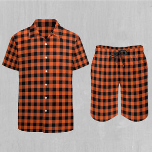 Orange Checkered Plaid Men's Beach Set