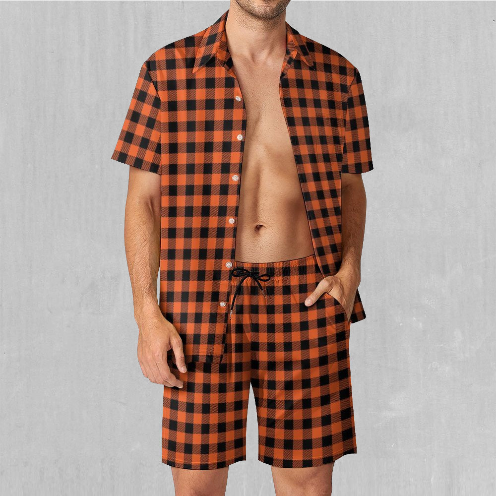 Orange Checkered Plaid Men's Beach Set