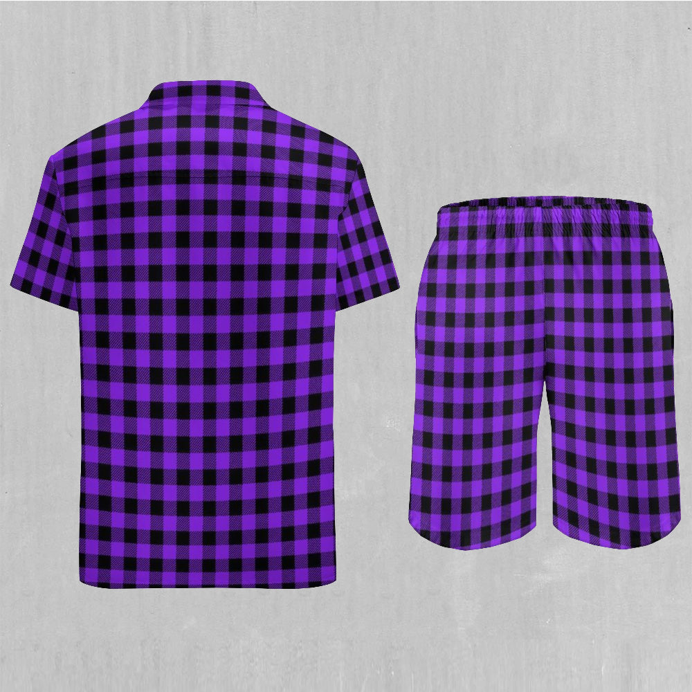 Purple Checkered Plaid Men's Beach Set