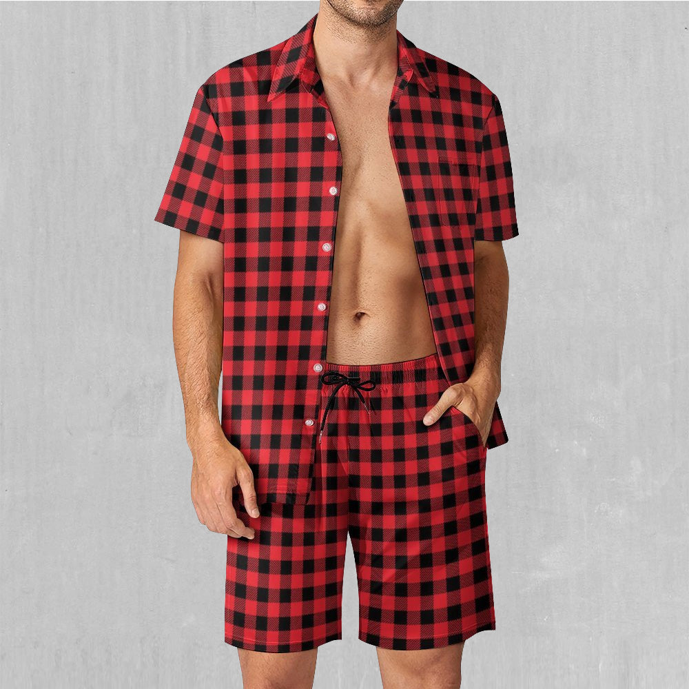 Red Checkered Plaid Men's Beach Set