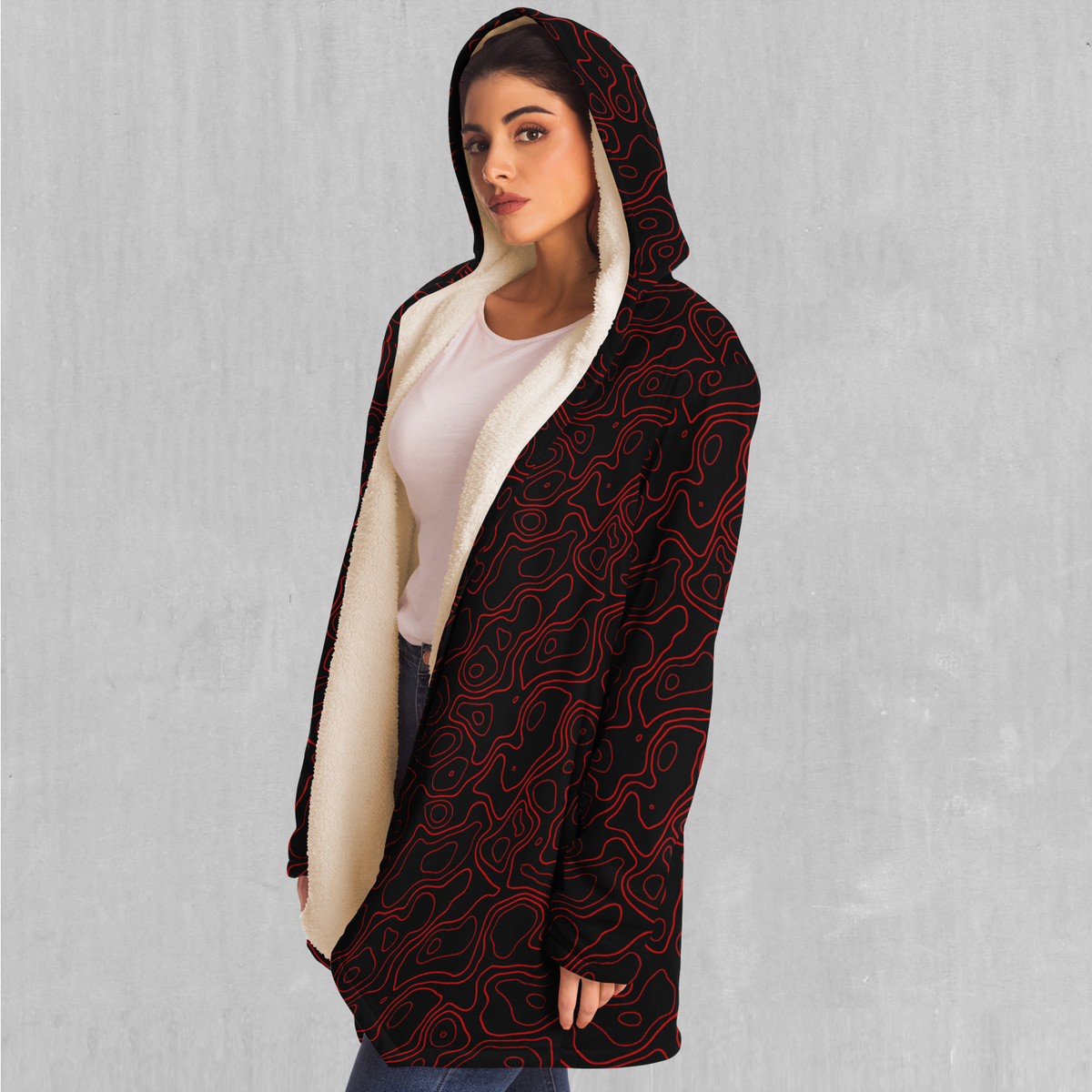 Red Topographic Streetwear EDM Rave Festival Sherpa Lined Cloak